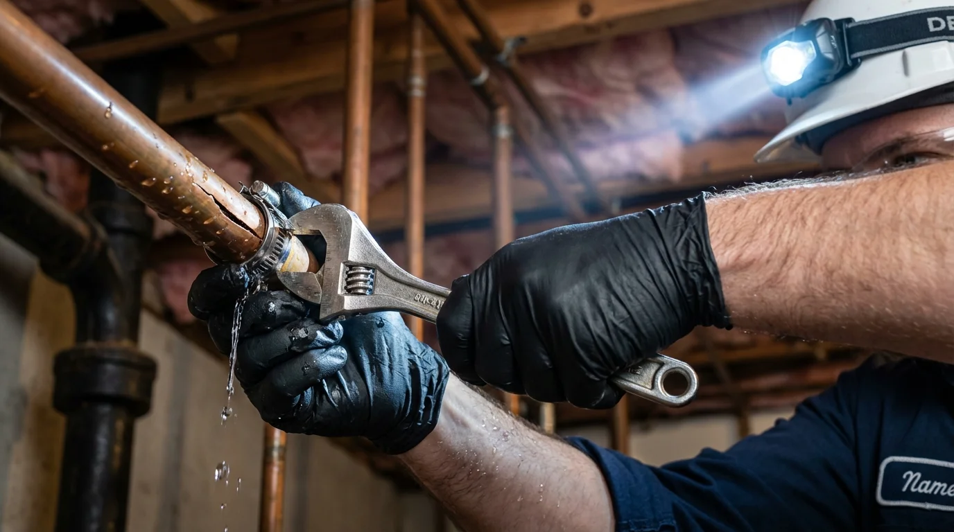 Emergency pipe clamp repair being performed by a Johns Plumbing LLC plumber in Minoa